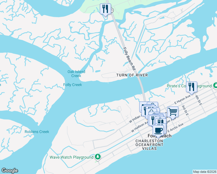 map of restaurants, bars, coffee shops, grocery stores, and more near 2 McDonough Road in Folly Beach