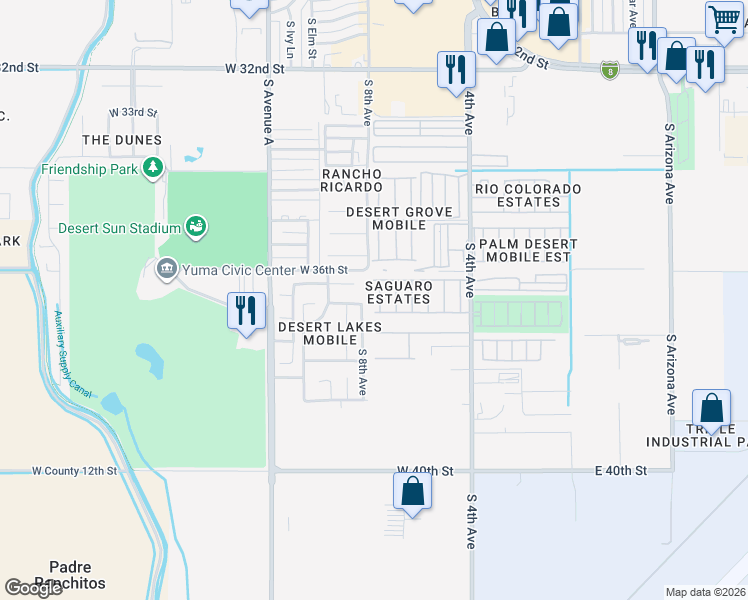 map of restaurants, bars, coffee shops, grocery stores, and more near 3670 S Yucca Dr in Yuma