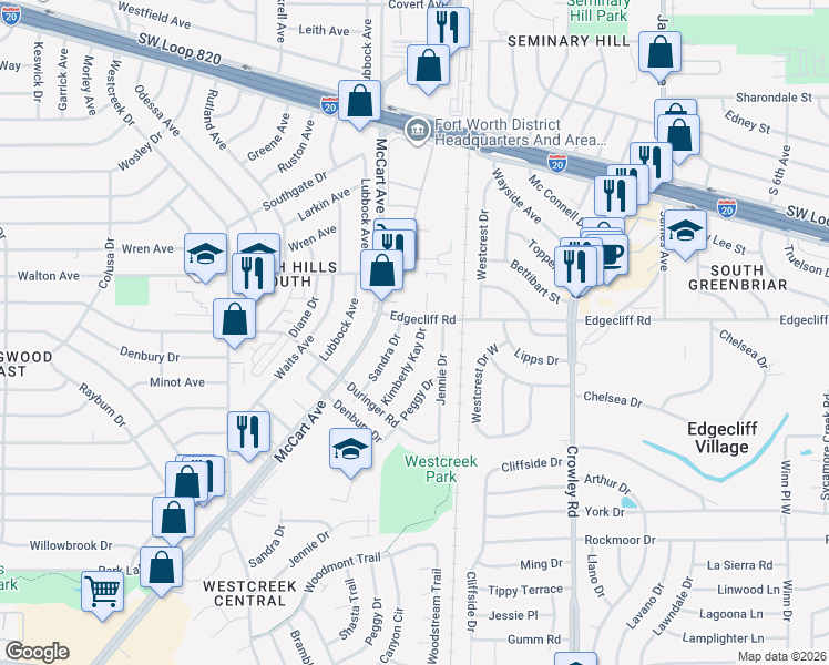map of restaurants, bars, coffee shops, grocery stores, and more near 5804 Kimberly Kay Drive in Fort Worth