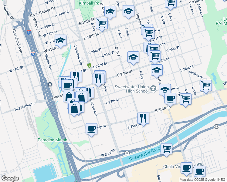 map of restaurants, bars, coffee shops, grocery stores, and more near 2530 B Avenue in National City