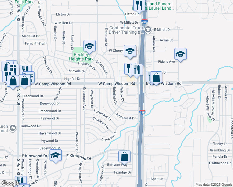map of restaurants, bars, coffee shops, grocery stores, and more near 7130 Brierfield Drive in Dallas