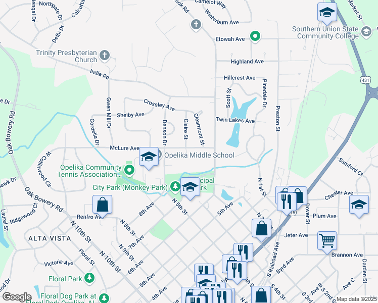 map of restaurants, bars, coffee shops, grocery stores, and more near 537 McLure Avenue in Opelika