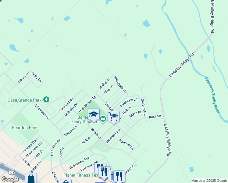 map of restaurants, bars, coffee shops, grocery stores, and more near 1225 Brittany Way in Seagoville