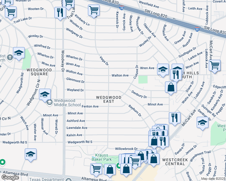 map of restaurants, bars, coffee shops, grocery stores, and more near 3625 Wayland Drive in Fort Worth