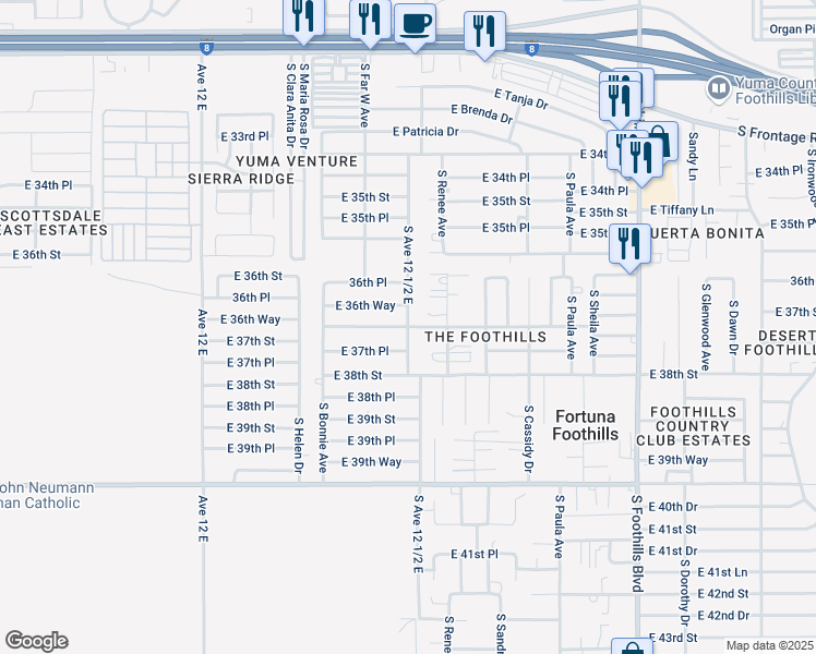 map of restaurants, bars, coffee shops, grocery stores, and more near 12501 East 37th Street in Yuma