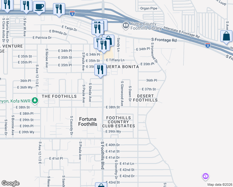 map of restaurants, bars, coffee shops, grocery stores, and more near 11611 South Dorothy Drive in Yuma