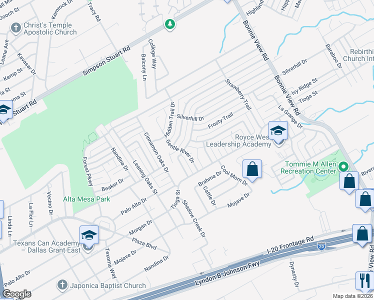 map of restaurants, bars, coffee shops, grocery stores, and more near 6504 Gentle River Drive in Dallas