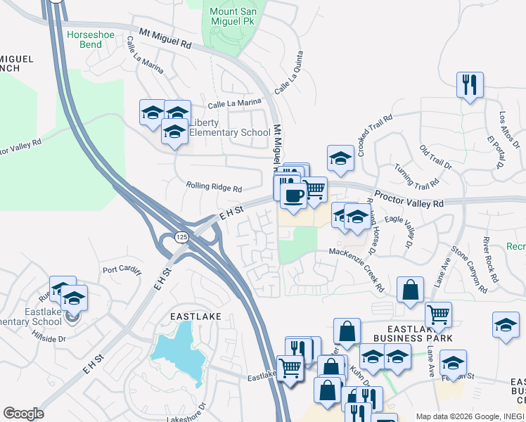 map of restaurants, bars, coffee shops, grocery stores, and more near 2280 Lago Ventana in Chula Vista