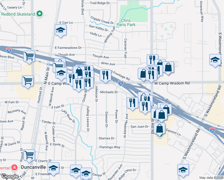 map of restaurants, bars, coffee shops, grocery stores, and more near 643 Michaels Drive in Duncanville