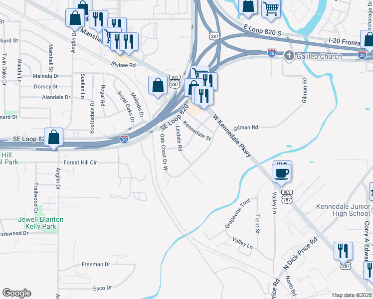 map of restaurants, bars, coffee shops, grocery stores, and more near 6801 Lindale Road in Fort Worth
