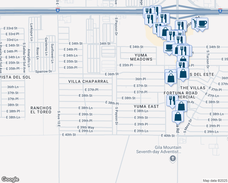 map of restaurants, bars, coffee shops, grocery stores, and more near 11613 South Chaparral Drive in Yuma