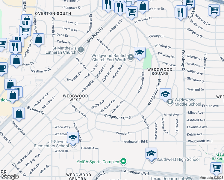 map of restaurants, bars, coffee shops, grocery stores, and more near 5732 Walla Avenue in Fort Worth