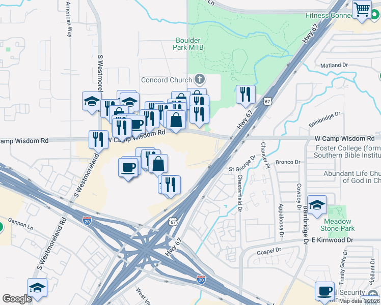 map of restaurants, bars, coffee shops, grocery stores, and more near 3228 West Camp Wisdom Road in Dallas