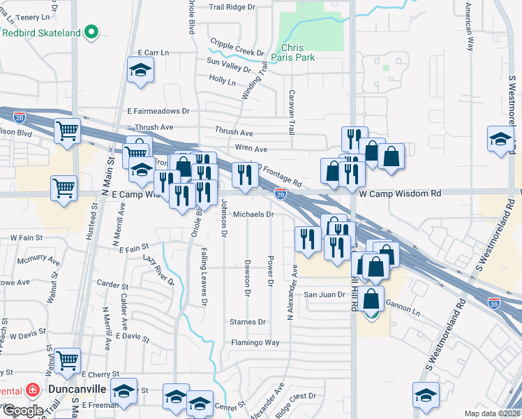 map of restaurants, bars, coffee shops, grocery stores, and more near 643 Michaels Drive in Duncanville