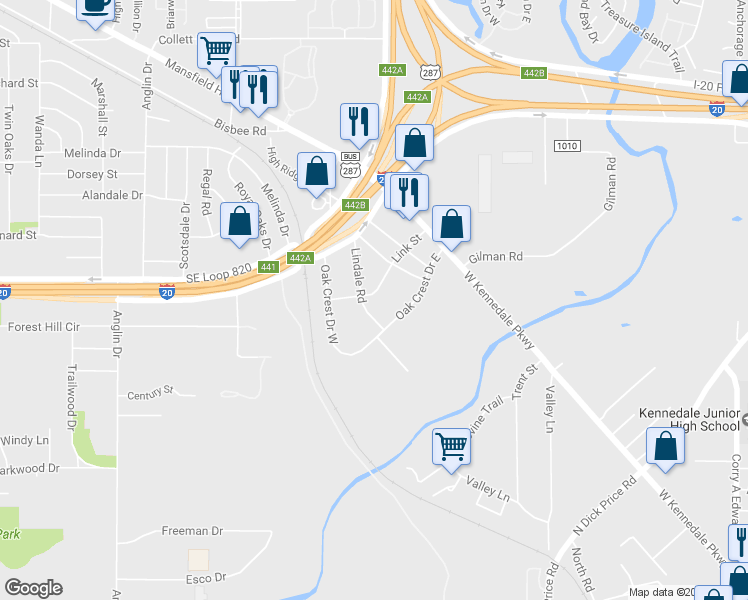 map of restaurants, bars, coffee shops, grocery stores, and more near 6801 Lindale Road in Fort Worth