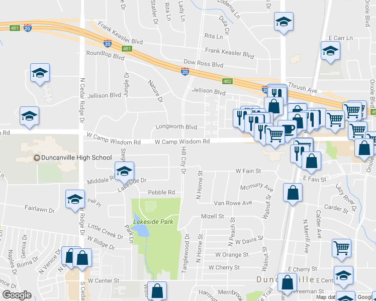 map of restaurants, bars, coffee shops, grocery stores, and more near 722 Hill City Drive in Duncanville