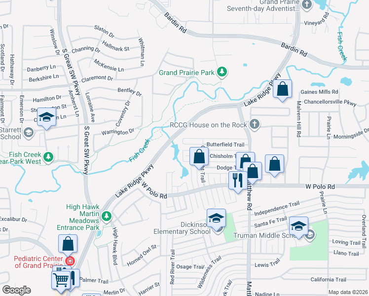 map of restaurants, bars, coffee shops, grocery stores, and more near 2121 Butterfield Trail in Grand Prairie