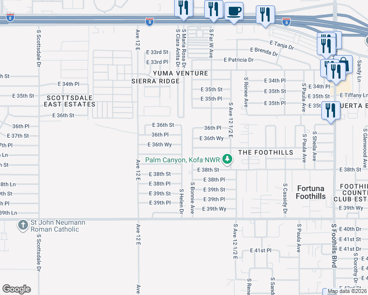 map of restaurants, bars, coffee shops, grocery stores, and more near 11613 South Helen Drive in Yuma