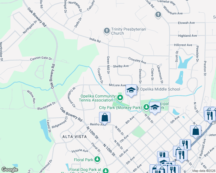 map of restaurants, bars, coffee shops, grocery stores, and more near 901 McLure Avenue in Opelika