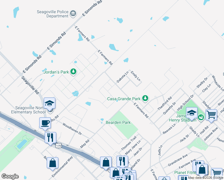 map of restaurants, bars, coffee shops, grocery stores, and more near 1629 East Farmers Road in Seagoville