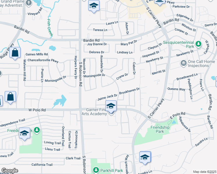 map of restaurants, bars, coffee shops, grocery stores, and more near 215 Crane Drive in Grand Prairie