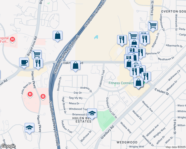 map of restaurants, bars, coffee shops, grocery stores, and more near 6559 Arbor Place in Fort Worth