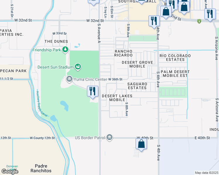 map of restaurants, bars, coffee shops, grocery stores, and more near 1080 West Lakeside Drive in Yuma