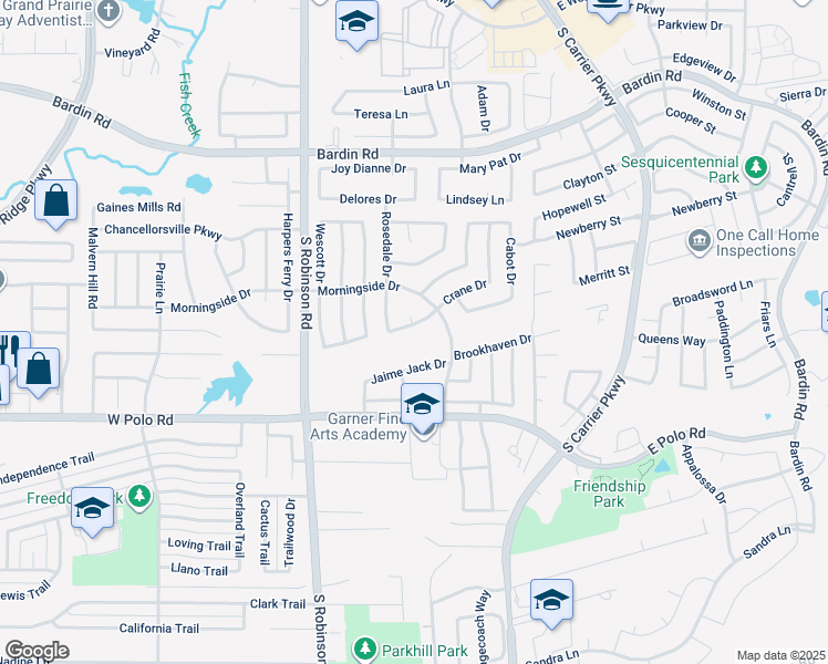 map of restaurants, bars, coffee shops, grocery stores, and more near 215 Crane Drive in Grand Prairie