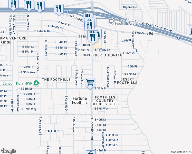 map of restaurants, bars, coffee shops, grocery stores, and more near 11591-11629 S Foothills Blvd in Yuma