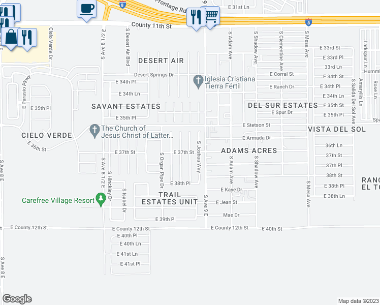 map of restaurants, bars, coffee shops, grocery stores, and more near 3677 South Susannah Drive in Yuma