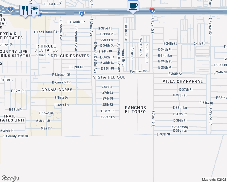 map of restaurants, bars, coffee shops, grocery stores, and more near 9684 37th Street in Yuma