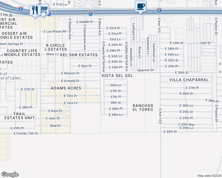 map of restaurants, bars, coffee shops, grocery stores, and more near 9606 37th Street in Yuma