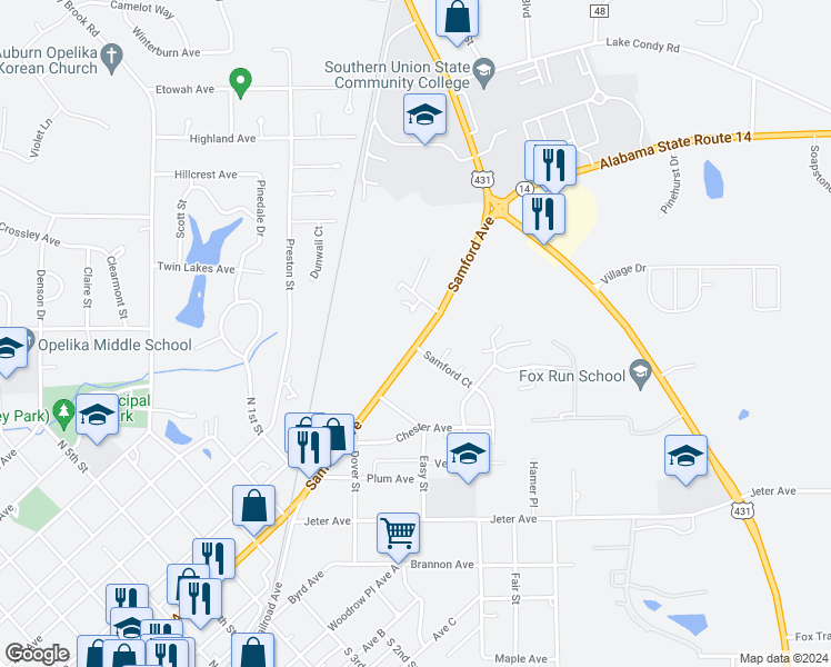 map of restaurants, bars, coffee shops, grocery stores, and more near 208 Samford Avenue in Opelika