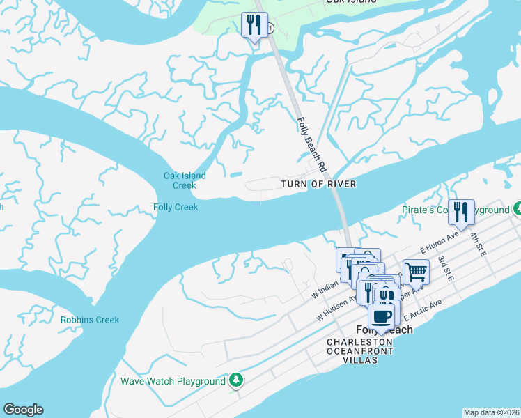 map of restaurants, bars, coffee shops, grocery stores, and more near 2 McDonough Road in Folly Beach