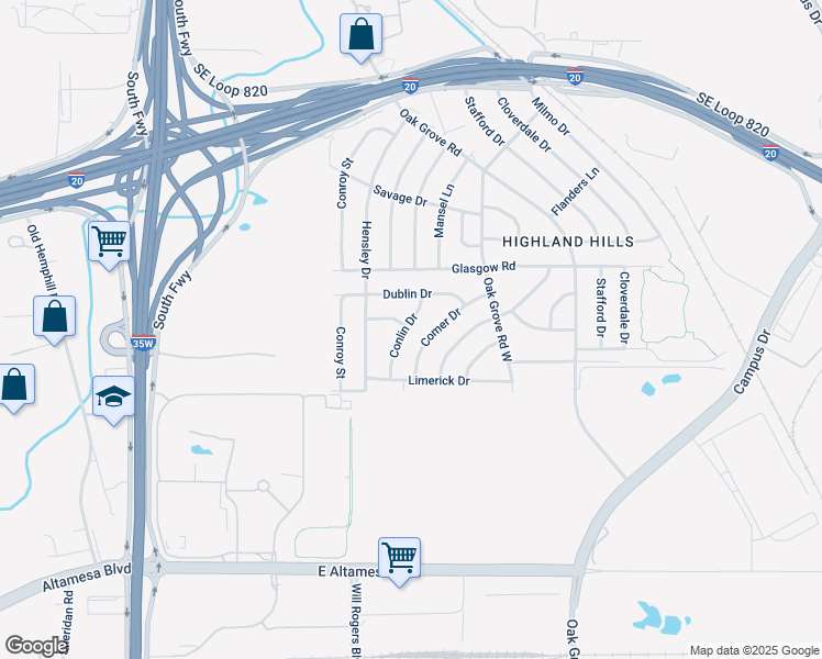 map of restaurants, bars, coffee shops, grocery stores, and more near 5625 Conlin Drive in Fort Worth