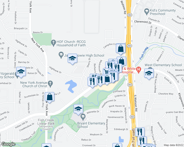 map of restaurants, bars, coffee shops, grocery stores, and more near 5307 Pocassett Drive in Arlington