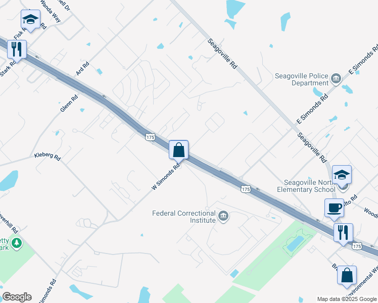map of restaurants, bars, coffee shops, grocery stores, and more near 60 West Simonds Road in Seagoville