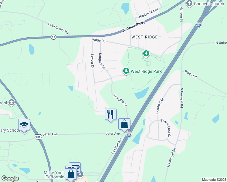 map of restaurants, bars, coffee shops, grocery stores, and more near 1205 Douglas Street in Opelika