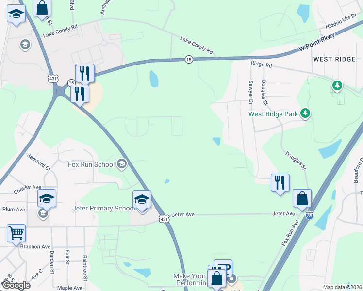 map of restaurants, bars, coffee shops, grocery stores, and more near 1001 Fox Run Parkway in Opelika