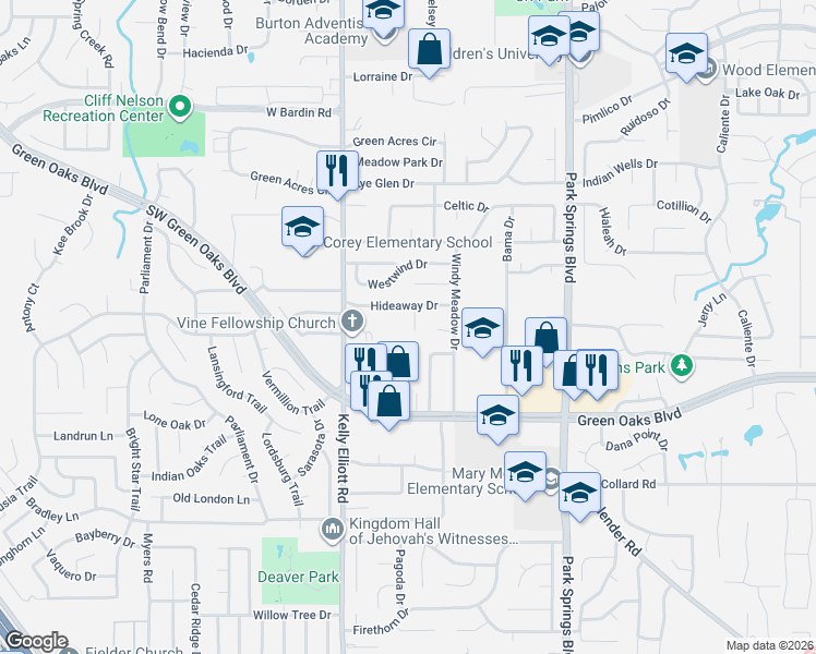 map of restaurants, bars, coffee shops, grocery stores, and more near 5208 Hideaway Court in Arlington