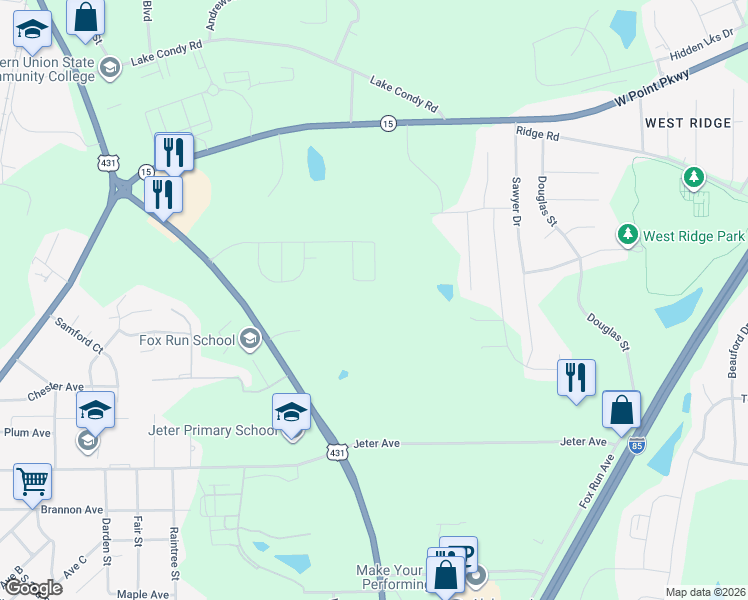 map of restaurants, bars, coffee shops, grocery stores, and more near 1001 Fox Run Parkway in Opelika
