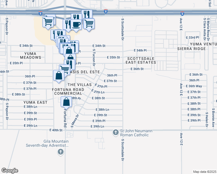 map of restaurants, bars, coffee shops, grocery stores, and more near 12853 East 37th Place in Yuma