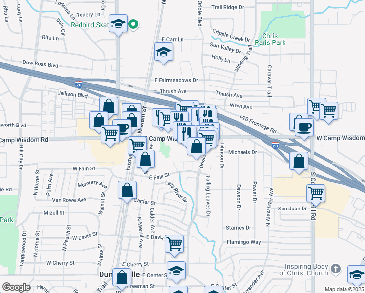 map of restaurants, bars, coffee shops, grocery stores, and more near 338 East Camp Wisdom Road in Duncanville