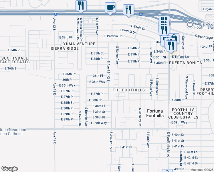 map of restaurants, bars, coffee shops, grocery stores, and more near 12501-12557 E 37th St in Yuma