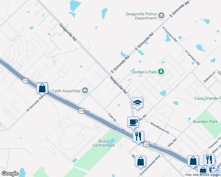 map of restaurants, bars, coffee shops, grocery stores, and more near 407 Frances Street in Seagoville
