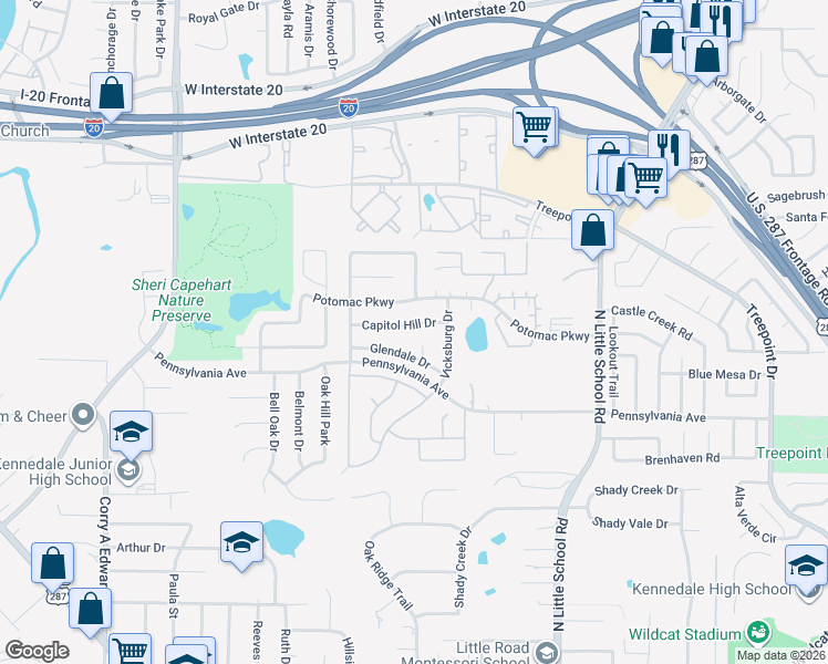 map of restaurants, bars, coffee shops, grocery stores, and more near 6702 Capitol Hill Drive in Arlington