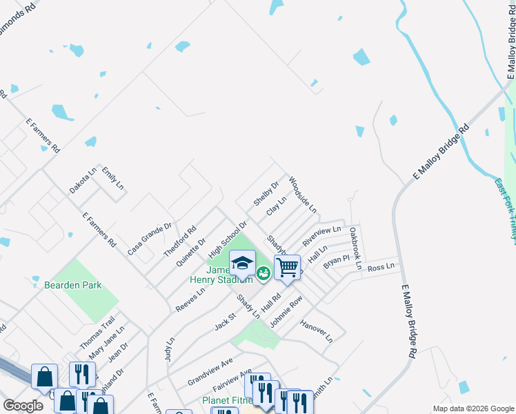 map of restaurants, bars, coffee shops, grocery stores, and more near 1214 Shelby Drive in Seagoville