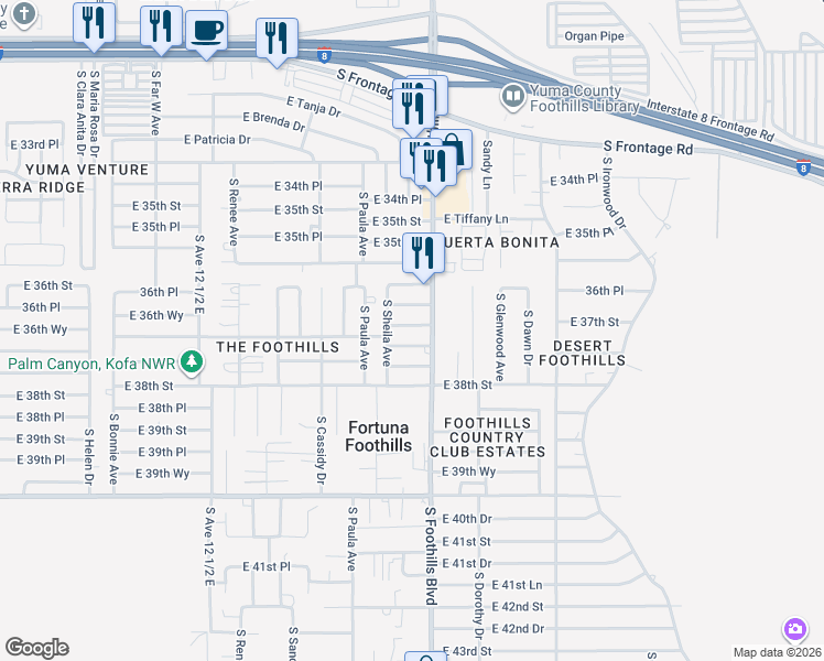 map of restaurants, bars, coffee shops, grocery stores, and more near 12800-128768 East 37th Place in Yuma