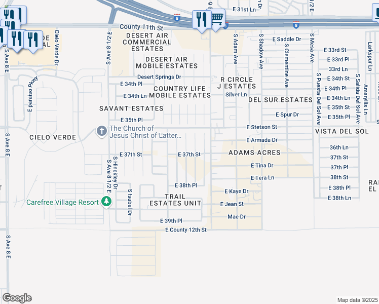 map of restaurants, bars, coffee shops, grocery stores, and more near 3707 South Kimball Avenue in Yuma