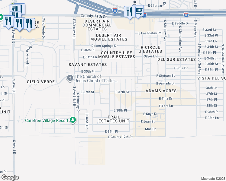 map of restaurants, bars, coffee shops, grocery stores, and more near 3703 South Organ Pipe Drive in Yuma